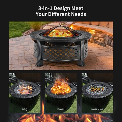 Costway 32'' Round Fire Pit Set W/ Rain Cover BBQ Grill Log Grate Poker 6 Costway 32'' Round Fire Pit Set W/ Rain Cover BBQ Grill Log Grate Poker - Image 6