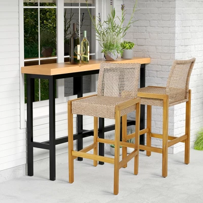 Costway Set Of 2 Patio Wood Barstools Rattan Bar Height Chairs With Backrest Porch Balcony 2 Costway Set Of 2 Patio Wood Barstools Rattan Bar Height Chairs With Backrest Porch Balcony - Image 2