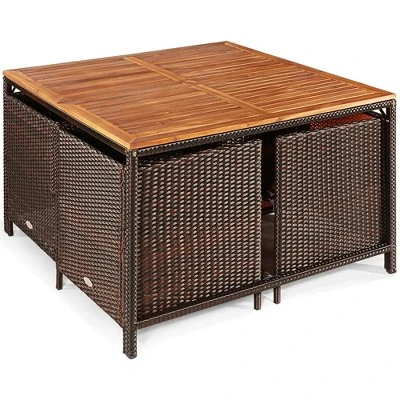 Costway 9PCS Acacia Wood Patio Rattan Dining Set Cushioned Chairs Ottoman 9 Costway 9PCS Acacia Wood Patio Rattan Dining Set Cushioned Chairs Ottoman - Image 9