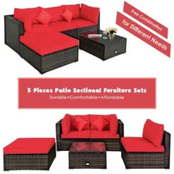 Costway 5PCS Patio Rattan Furniture Set Sectional Conversation Set W/Red Cushions -Costway GUEST 0048a775 e71f 461f 8f6c 790881a4f290