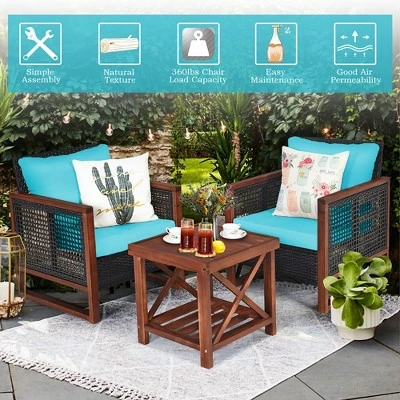 Costway 3PCS Patio Wicker Furniture Set Solid Wood Frame Cushion Sofa W/ Square Table Shelf 5 Costway 3PCS Patio Wicker Furniture Set Solid Wood Frame Cushion Sofa W/ Square Table Shelf - Image 5