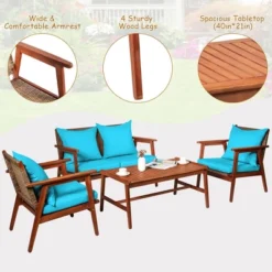 Costway 4PCS Patio Rattan Furniture Set Acacia Wood Frame Cushioned Sofa Chair Turquoise -Costway GUEST 022d845a 89e7 493a 8443 e199beb81fef 1