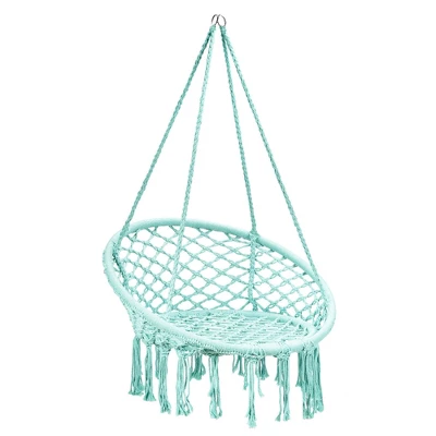 Costway Hanging Hammock Chair Macrame Swing Handwoven Cotton Backrest Garden Grey Black 11 Costway Hanging Hammock Chair Macrame Swing Handwoven Cotton Backrest Garden Grey Black - Image 11