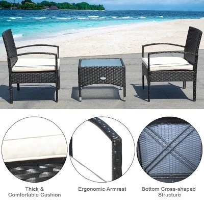 Costway 3 PCS Furniture Set Table & 2 Chair Patio Wicker Rattan W/Cushion 6 Costway 3 PCS Furniture Set Table & 2 Chair Patio Wicker Rattan W/Cushion - Image 6