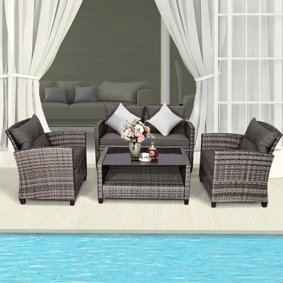 Costway 4PCS/8PCS Patio Rattan Furniture Set Coffee Table Cushioned Sofa Garden Lawn Gray 3 Costway 4PCS/8PCS Patio Rattan Furniture Set Coffee Table Cushioned Sofa Garden Lawn Gray - Image 3