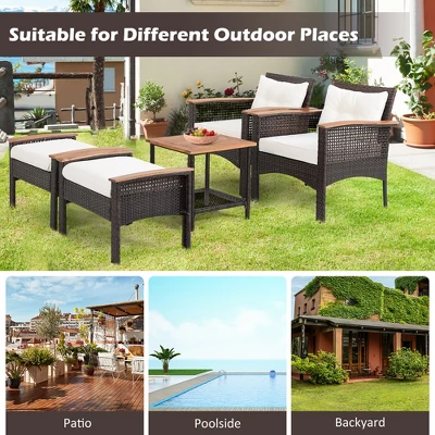 Costway 5PCS Patio Rattan Furniture Set Acacia Wood Table Armrest Cushion Yard 4 Costway 5PCS Patio Rattan Furniture Set Acacia Wood Table Armrest Cushion Yard - Image 4