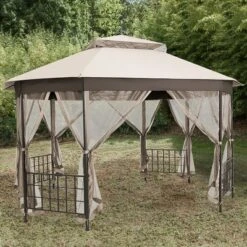 Costway 10'x12' Patio Gazebo Canopy Shelter Double Top Netting Sidewalls Beige -Costway GUEST 0390096d bd88 487e 9482 a11051286911