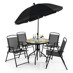 Costway 6 PCS Patio Dining Set Folding Chairs Glass Table Tilt Umbrella Garden -Costway GUEST 043f5593 5c2b 4de2 8527 901113d561a5