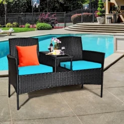Costway Patio Rattan Conversation Set Seat Sofa Cushioned Loveseat Glass Table Chair RedTurquoise -Costway GUEST 045077cd 69dc 4878 9baf d59b5611bcee