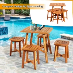 Costway 5PCS Acacia Patio Dining Set W/Square Table & 4 Stools Reddish Brown -Costway GUEST 04a27d38 d3c2 4c2a ab18 c2af65ab94f1