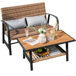 Costway 2 PCS Patio Rattan Loveseat Coffee Table Set Padded Back & Seat Pillow W/Shelf -Costway GUEST 04d2bf06 abba 4f82 9b54 4df51093b8bd