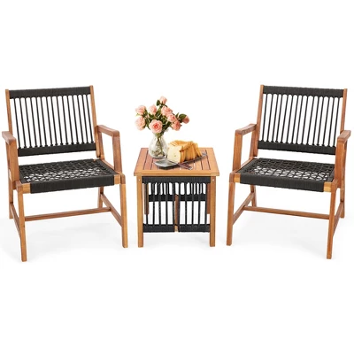 Costway Patio 3pcs Acacia Wood Outdoor Furniture Bistro Set All-Weather Rope Woven 3 Costway Patio 3pcs Acacia Wood Outdoor Furniture Bistro Set All-Weather Rope Woven - Image 3