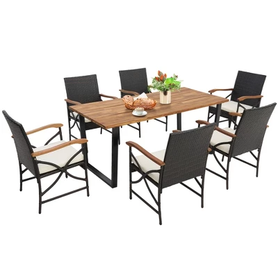 Costway 7 PCS Patio Rattan Dining Set Acacia Wood Table 6 Wicker Chairs With Umbrella Hole 2 Costway 7 PCS Patio Rattan Dining Set Acacia Wood Table 6 Wicker Chairs With Umbrella Hole - Image 2