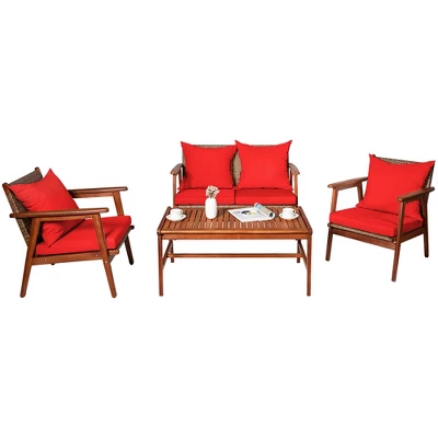 Costway 4PCS Patio Rattan Furniture Set Acacia Wood Frame Cushioned Sofa Chair 2 Costway 4PCS Patio Rattan Furniture Set Acacia Wood Frame Cushioned Sofa Chair - Image 2