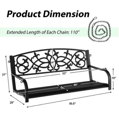 Costway 2-Person Metal Outdoor Porch Swing Hanging Patio Bench 485 Lbs Capacity BlackBrown 2 Costway 2-Person Metal Outdoor Porch Swing Hanging Patio Bench 485 Lbs Capacity BlackBrown - Image 2