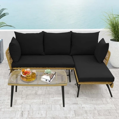 Costway 3 PCS L-Shaped Patio Sofa Set Conversation Furniture With Cushions Deck Garden Black/Beige 3 Costway 3 PCS L-Shaped Patio Sofa Set Conversation Furniture With Cushions Deck Garden Black/Beige - Image 3