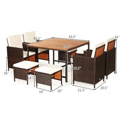 Costway 9PCS Acacia Wood Patio Rattan Dining Set Cushioned Chairs Ottoman 3 Costway 9PCS Acacia Wood Patio Rattan Dining Set Cushioned Chairs Ottoman - Image 3