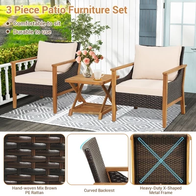Costway 3PCS Patio Wicker Furniture Set Cushioned Armchairs With 2-Tier Side Table Balcony 8 Costway 3PCS Patio Wicker Furniture Set Cushioned Armchairs With 2-Tier Side Table Balcony - Image 8