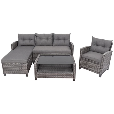 Costway 4PCS Patio Rattan Furniture Set Cushioned Loveseat Table Shelf Gray 9 Costway 4PCS Patio Rattan Furniture Set Cushioned Loveseat Table Shelf Gray - Image 9