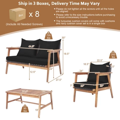 Costway 8PCS Patio Rattan Furniture Set Wooden Cushioned Sofa With Black & Turquoise Cover 2 Costway 8PCS Patio Rattan Furniture Set Wooden Cushioned Sofa With Black & Turquoise Cover - Image 2