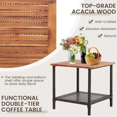 Costway 3PCS Patio Rattan Furniture Set Acacia Wood Table Top W/Shelf Cushioned 5 Costway 3PCS Patio Rattan Furniture Set Acacia Wood Table Top W/Shelf Cushioned - Image 5