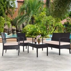 Costway 8PCS Patio Rattan Conversation Furniture Set Cushioned Seat Glass Table
