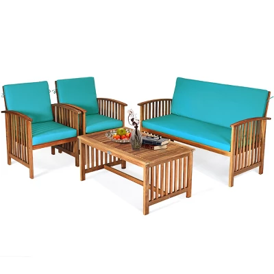 Costway 4PCS Patio Solid Wood Furniture Set Conversation Coffee Table TurquoiseBlack Cushion 1 Costway 4PCS Patio Solid Wood Furniture Set Conversation Coffee Table TurquoiseBlack Cushion