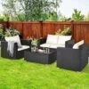 Costway 4PCS Patio Rattan Furniture Set Cushioned Sofa Chair Coffee Table Off White