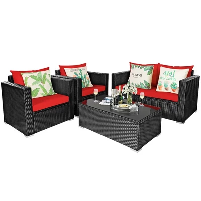 Costway 4PCS Patio Rattan Furniture Set Cushioned Sofa Chair Coffee Table Garden Red 9 Costway 4PCS Patio Rattan Furniture Set Cushioned Sofa Chair Coffee Table Garden Red - Image 9