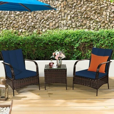Costway 3 PCS Patio Rattan Furniture Set Coffee Table & 2 Rattan Chair W/Navy Cushions 1 Costway 3 PCS Patio Rattan Furniture Set Coffee Table & 2 Rattan Chair W/Navy Cushions