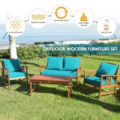 Costway 4PCS Wooden Patio Furniture Set Table Sofa Chair Cushioned Garden Turquoise 4 Costway 4PCS Wooden Patio Furniture Set Table Sofa Chair Cushioned Garden Turquoise - Image 4