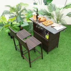 Costway Patio 3PCS Wicker Bar Set Height Table Two Stools With 3 Rows Stemware Racks Garden -Costway GUEST 0b57628d 5dd8 4904 9802 22835f50f84c