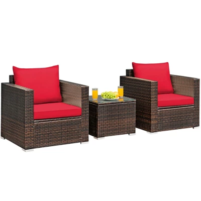 Costway 3PCS Patio Rattan Furniture Set Conversation Sofa Cushioned TurquoiseRed 7 Costway 3PCS Patio Rattan Furniture Set Conversation Sofa Cushioned TurquoiseRed - Image 7