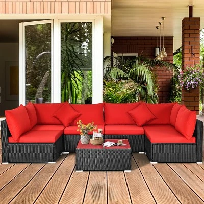 Costway 7PCS Rattan Patio Conversation Set Sectional Furniture Set W/ Red Cushion 3 Costway 7PCS Rattan Patio Conversation Set Sectional Furniture Set W/ Red Cushion - Image 3