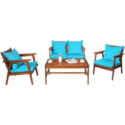 Costway 4PCS Patio Rattan Furniture Set Acacia Wood Frame Cushioned Sofa Chair Turquoise -Costway GUEST 0c1f8c60 c4f8 4e59 b1eb e0426d0cf003