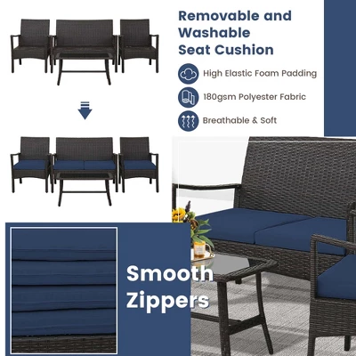 Costway 4PCS Patio Rattan Wicker Furniture Set Cushioned Sofa Armrest Coffee Table Navy 4 Costway 4PCS Patio Rattan Wicker Furniture Set Cushioned Sofa Armrest Coffee Table Navy - Image 4