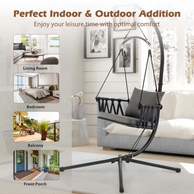 Costway Hanging Swing Hammock Chair With Stand Metal Frame Woven Backrest Seat Cushions 7 Costway Hanging Swing Hammock Chair With Stand Metal Frame Woven Backrest Seat Cushions - Image 7