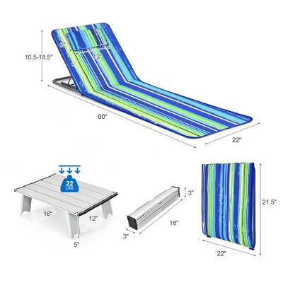 Costway 3-Piece Beach Lounge Chair Mat Set 2 Adjustable Lounge Chairs With Table BlueStripe 7 Costway 3-Piece Beach Lounge Chair Mat Set 2 Adjustable Lounge Chairs With Table BlueStripe - Image 7