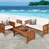 Costway 4PCS Patio Solid Wood Furniture Set Conversation Coffee Table W/White Cushion