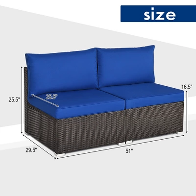 Costway 2PCS Patio Rattan Armless Sofa Sectional Furniture W/Navy Cushion 3 Costway 2PCS Patio Rattan Armless Sofa Sectional Furniture W/Navy Cushion - Image 3