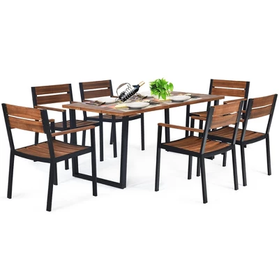 Costway 7PCS Patented Patio Dining Chair Table Set Acacia Wood Backyard W/Umbrella Hole 8 Costway 7PCS Patented Patio Dining Chair Table Set Acacia Wood Backyard W/Umbrella Hole - Image 8
