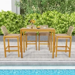 Costway Set Of 4 Patio Wood Barstools Rattan Bar Height Chairs With Backrest Porch Balcony