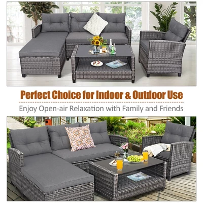 Costway 4PCS Patio Rattan Furniture Set Cushioned Loveseat Table Shelf Gray 4 Costway 4PCS Patio Rattan Furniture Set Cushioned Loveseat Table Shelf Gray - Image 4