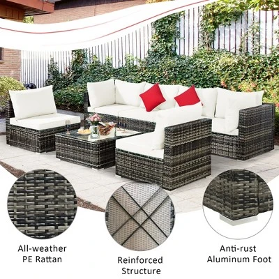 Costway 7PCS Patio Rattan Furniture Set Sectional Sofa Garden White Cushion 7 Costway 7PCS Patio Rattan Furniture Set Sectional Sofa Garden White Cushion - Image 7