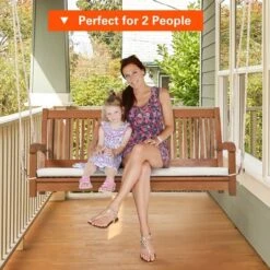 Costway 2-Person Hanging Porch Swing Wood Bench With Cushion Curved Back Outdoor Natural -Costway GUEST 0e96600f 91e8 42ac 9355 1c44cb1fa154