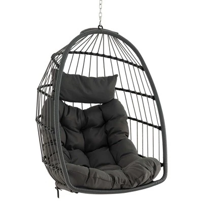 Costway Hanging Egg Chair Wicker Swing Hammock Chair With Head Pillow & Seat Cushion Gray 2 Costway Hanging Egg Chair Wicker Swing Hammock Chair With Head Pillow & Seat Cushion Gray - Image 2
