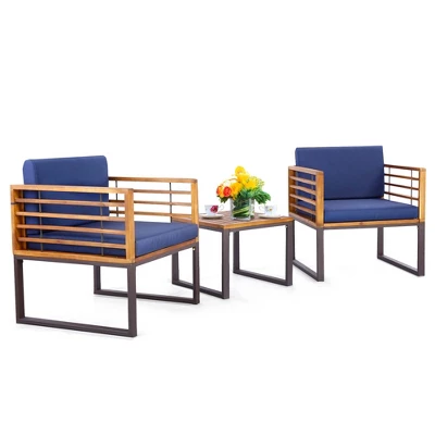 Costway 3pcs Patio Acacia Wood Bistro Conversation Cushioned Chair & Table Set Outdoor 7 Costway 3pcs Patio Acacia Wood Bistro Conversation Cushioned Chair & Table Set Outdoor - Image 7