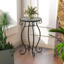 Costway Mosaic Outdoor Side Table, Round End Table With Weather Resistant Ceramic Tile Tabletop