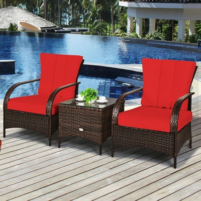 Costway 3 PCS Patio Rattan Furniture Set Coffee Table & 2 Rattan Chair W/Red Cushions 4 Costway 3 PCS Patio Rattan Furniture Set Coffee Table & 2 Rattan Chair W/Red Cushions - Image 4