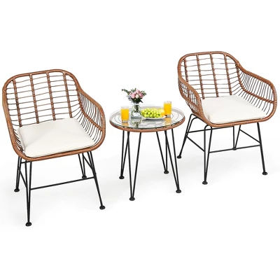 Costway 3PCS Patio Rattan Bistro Set Coffee Table Armchair Garden 9 Costway 3PCS Patio Rattan Bistro Set Coffee Table Armchair Garden - Image 9